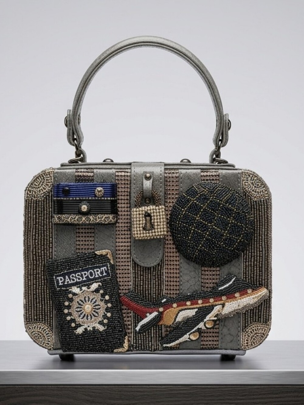Mary Frances Mile High Beaded Travel Patch Satchel - Gray